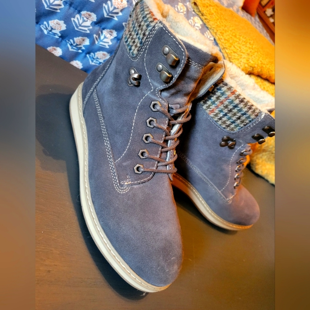 White Mountain Blue suede boots with plaid ankle cuff.